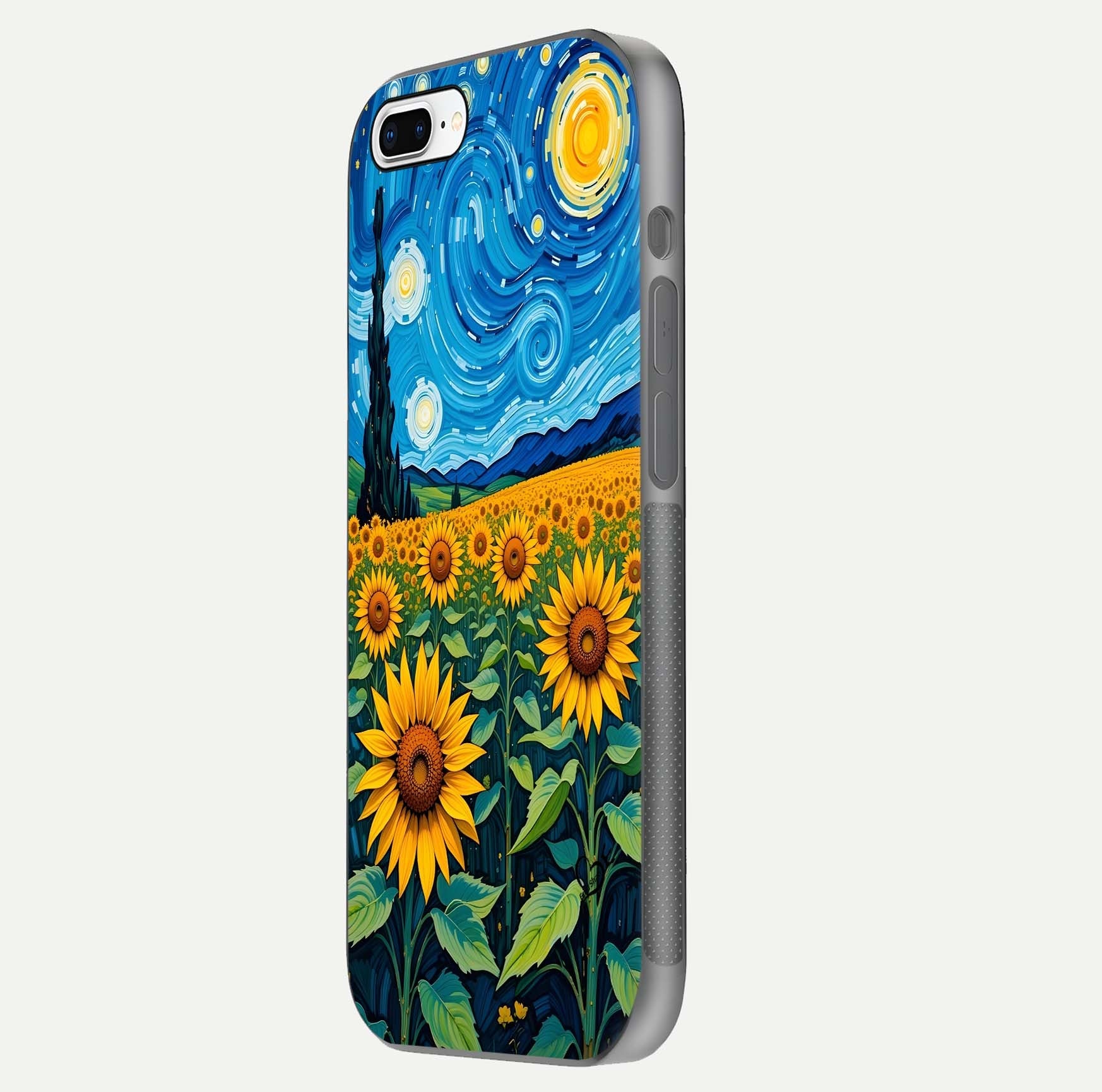 Starry Sunflower Dreams Glass Case for iPhone 8 Plus side-angle image showing reflection, stars, and yellow tone