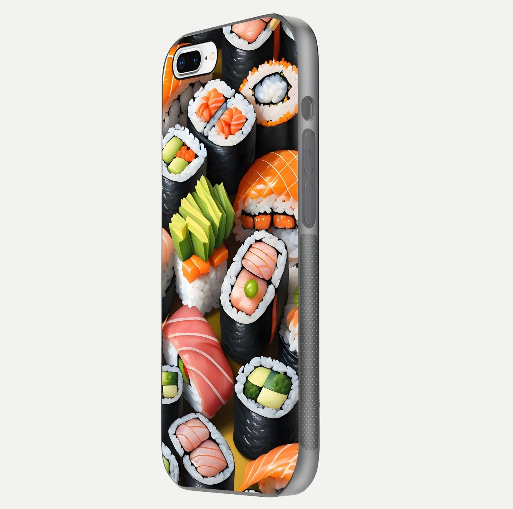Sushi Food Pattern Glass Case for iPhone 8 Plus side-angle image showing shine, gloss, and sushi artwork