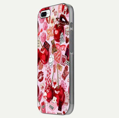 Sweet Cherry Chaos Glass Case for iPhone 8 Plus side-angle image showing shine, gloss, and cherry details