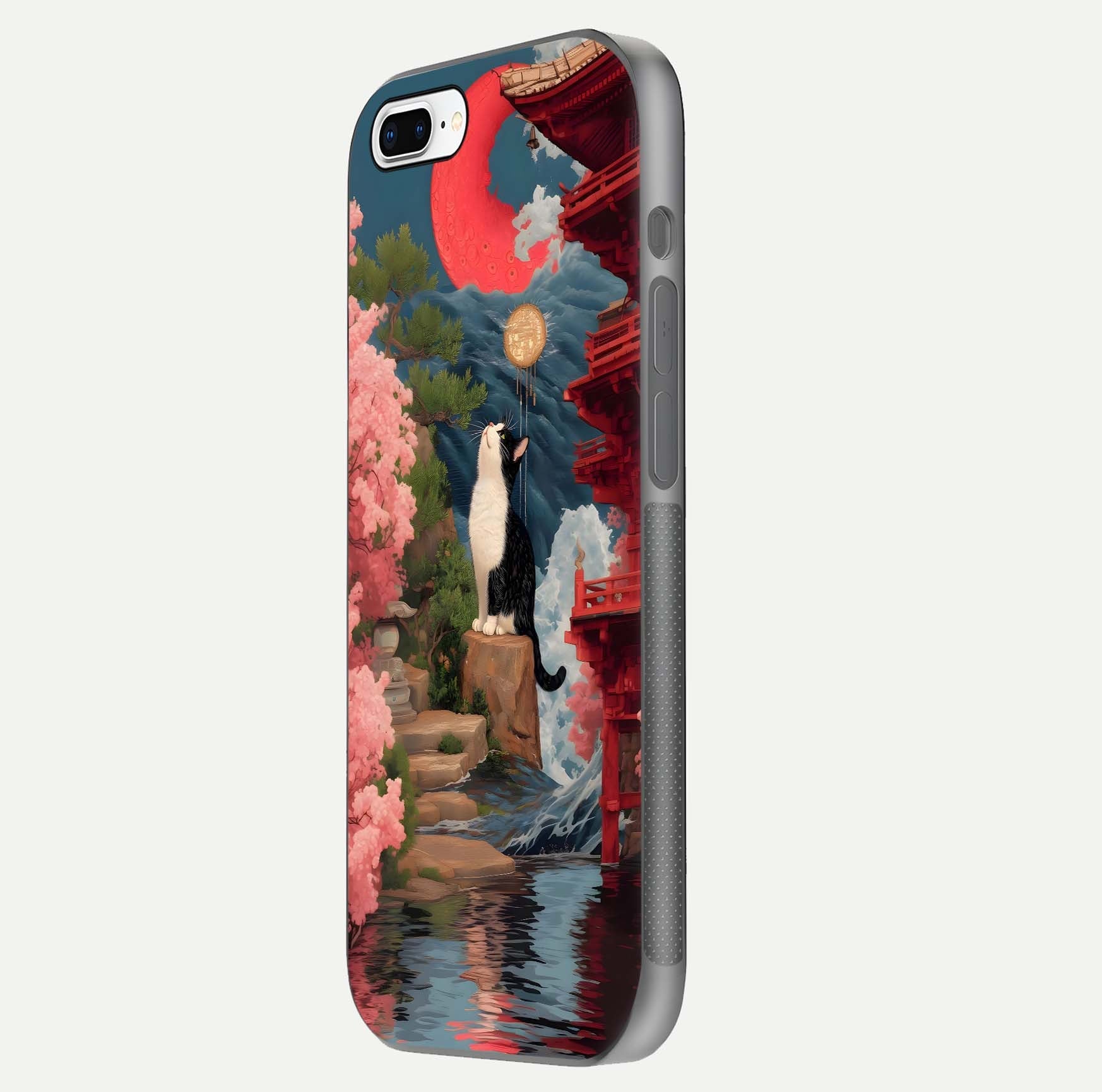 Temple Cat Scenery Glass Case for iPhone 8 Plus side-angle image showing shine and printed temple pattern