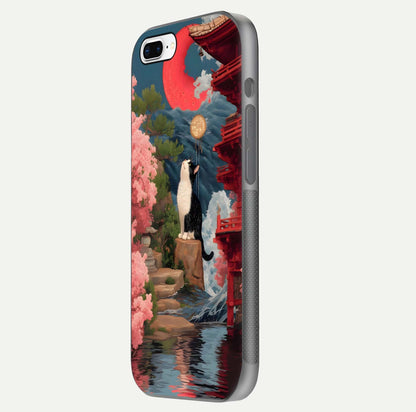 Temple Cat Scenery Glass Case for iPhone 8 Plus side-angle image showing shine and printed temple pattern