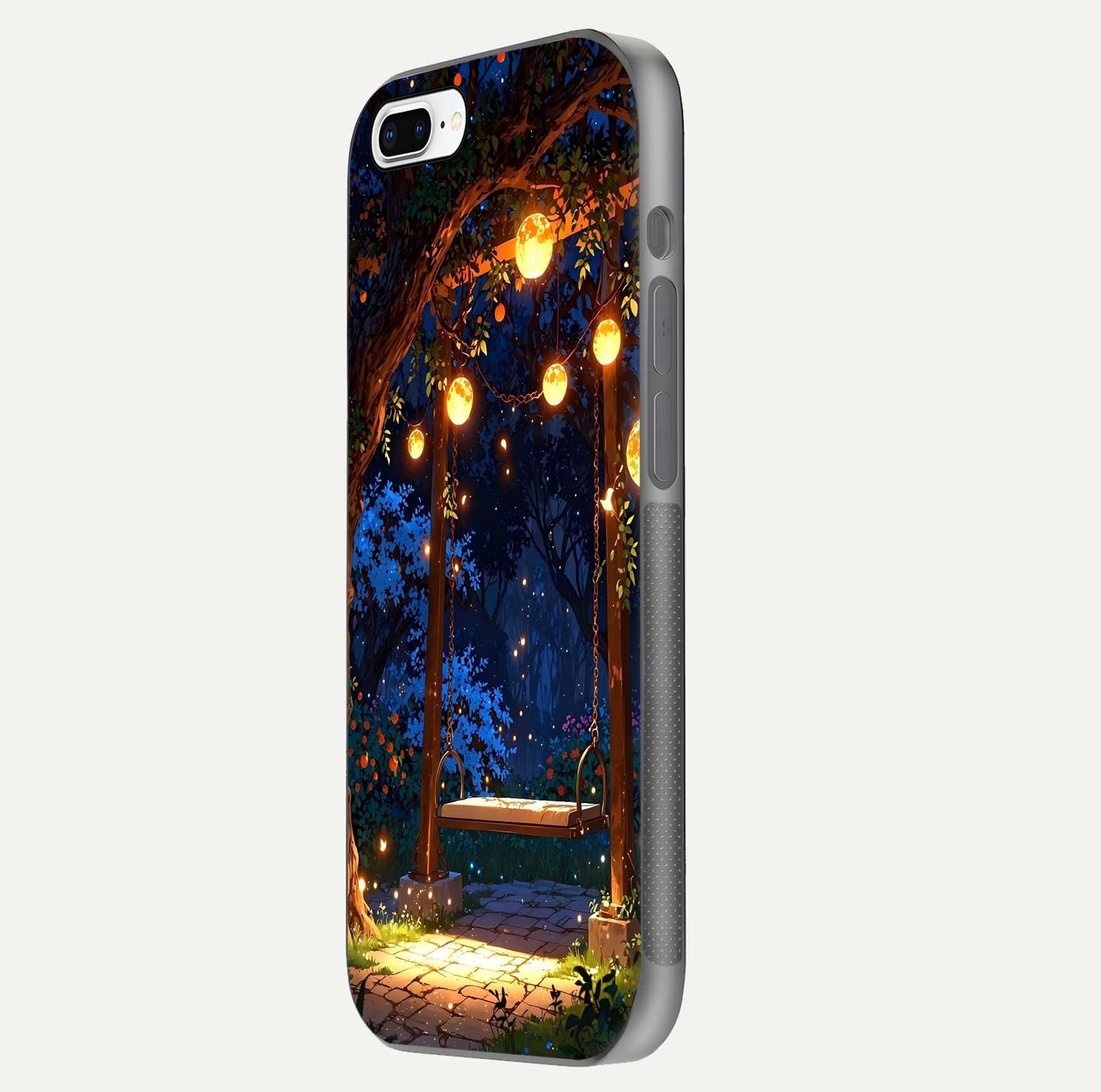 Twilight Garden Swing Glass Case for iPhone 8 Plus side-angle image showing reflection, gloss, and scenic depth