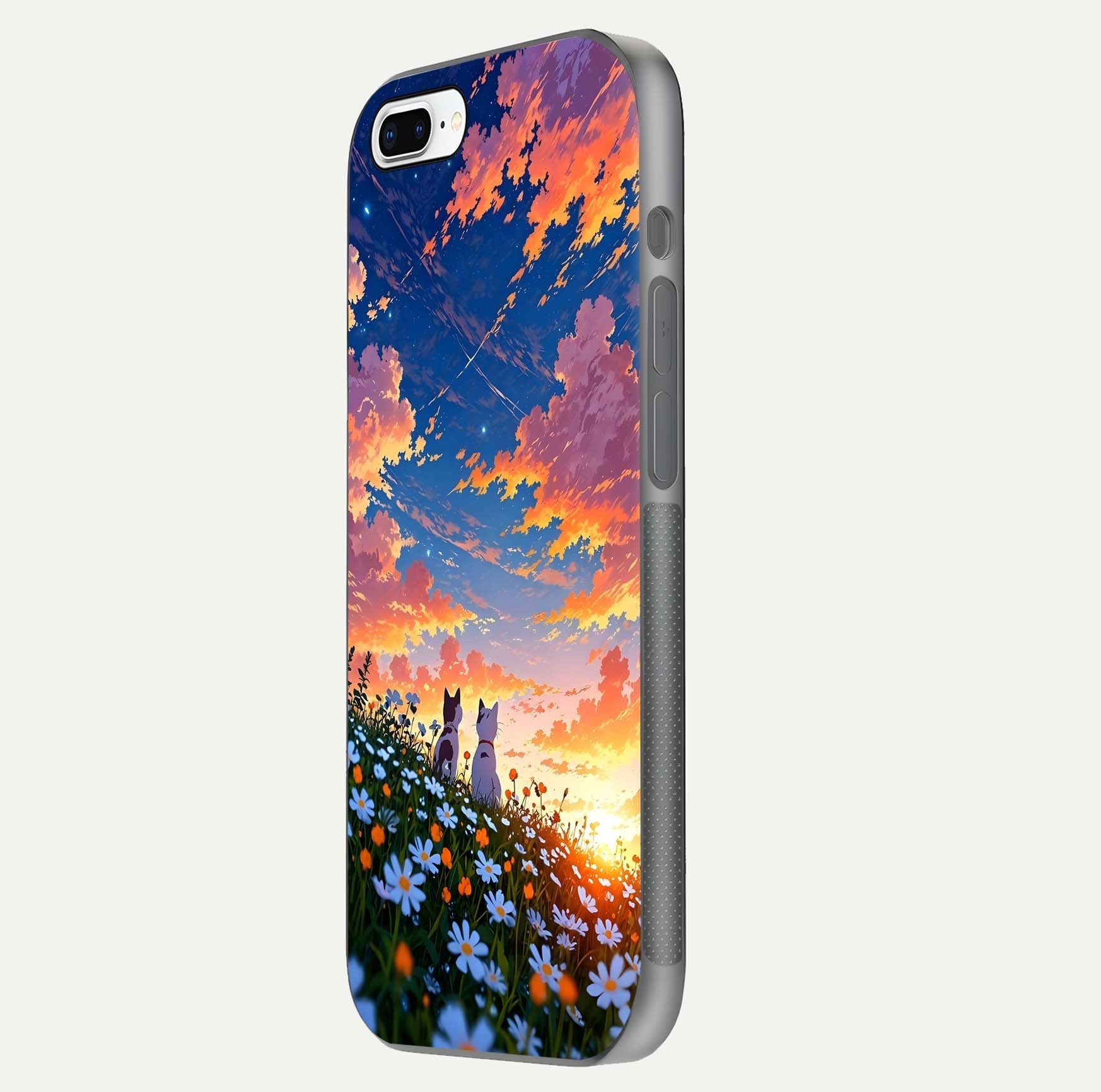 Two Cats Friends Glass Case for iPhone 16 Pro side-angle image showing reflection, gloss, and color depth