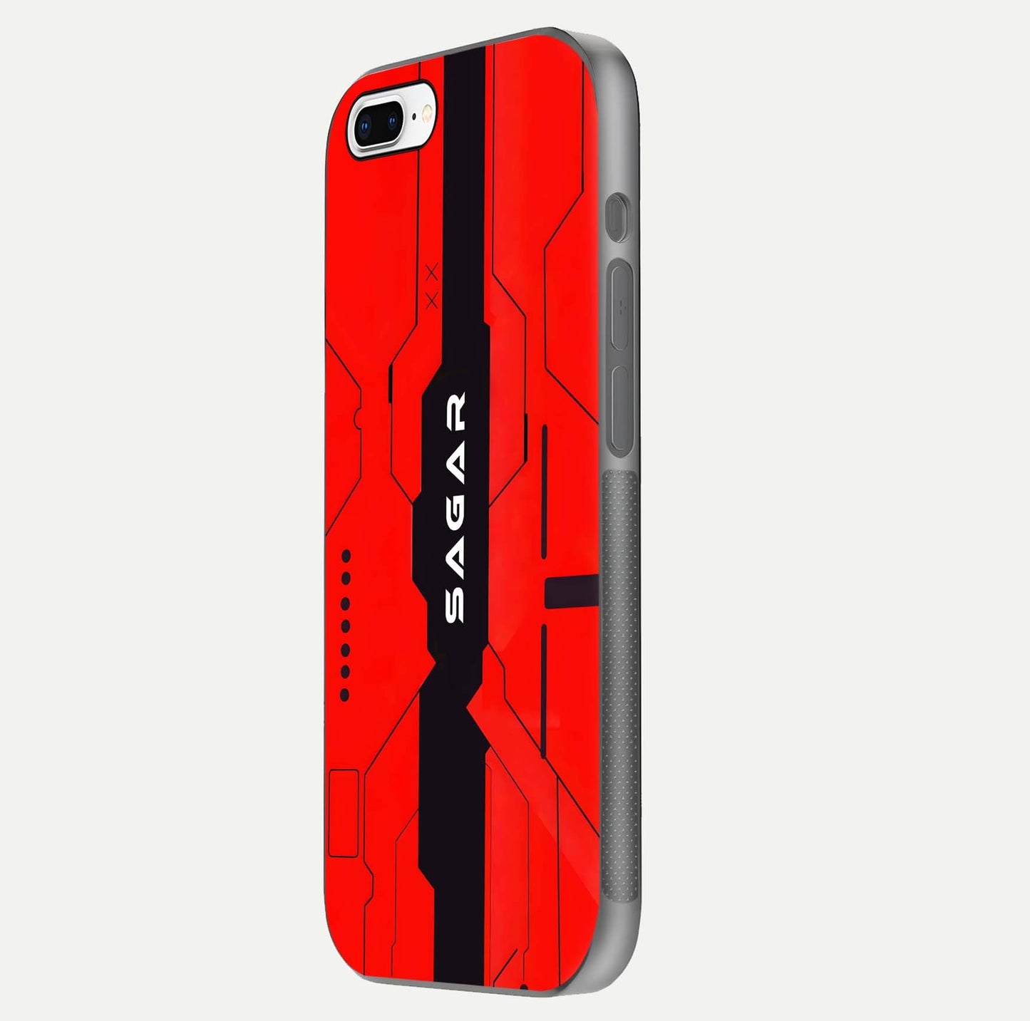 Voltage Rise CYBERPUNK Custom Name Glass Case for iPhone 8 Plus side-angle image showing gloss and cyberpunk detail