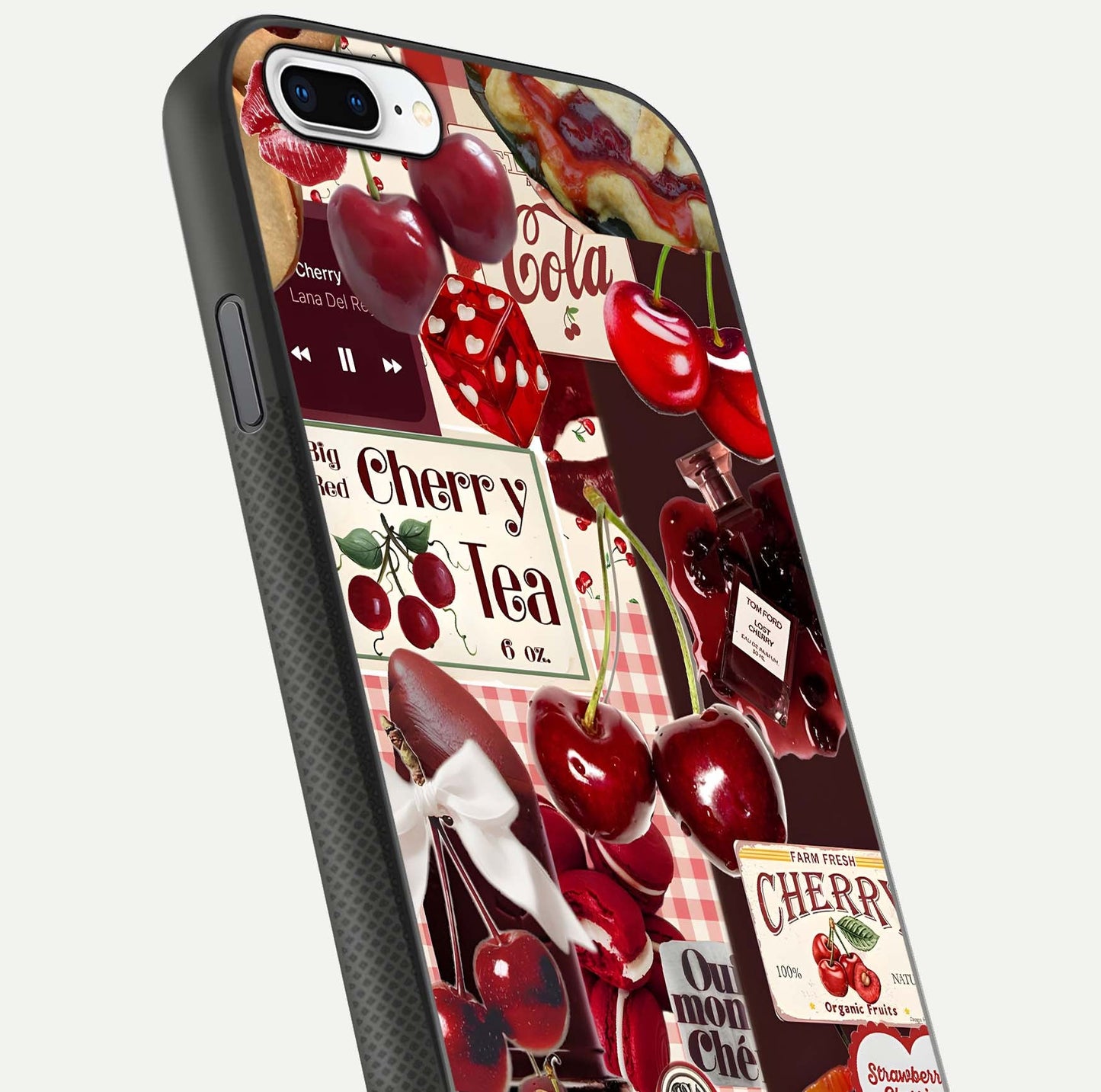 Aesthetic Cherry Tea Glass Case for iPhone 16 Pro close-up angled shot showing detailed cherry artwork, red tones, and gloss reflection