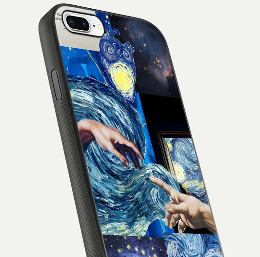 Aesthetic Vando Hands Glass Case for iPhone 8 Plus close-up angle showing fine detailing of hand artwork and glass reflection