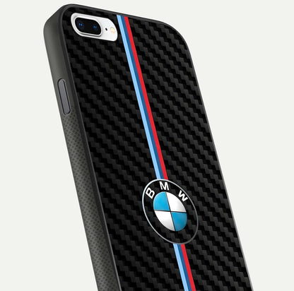 BMW Pattern Glass Case for iPhone 8 Plus close-up angle showing BMW logo detailing and high-reflect gloss texture