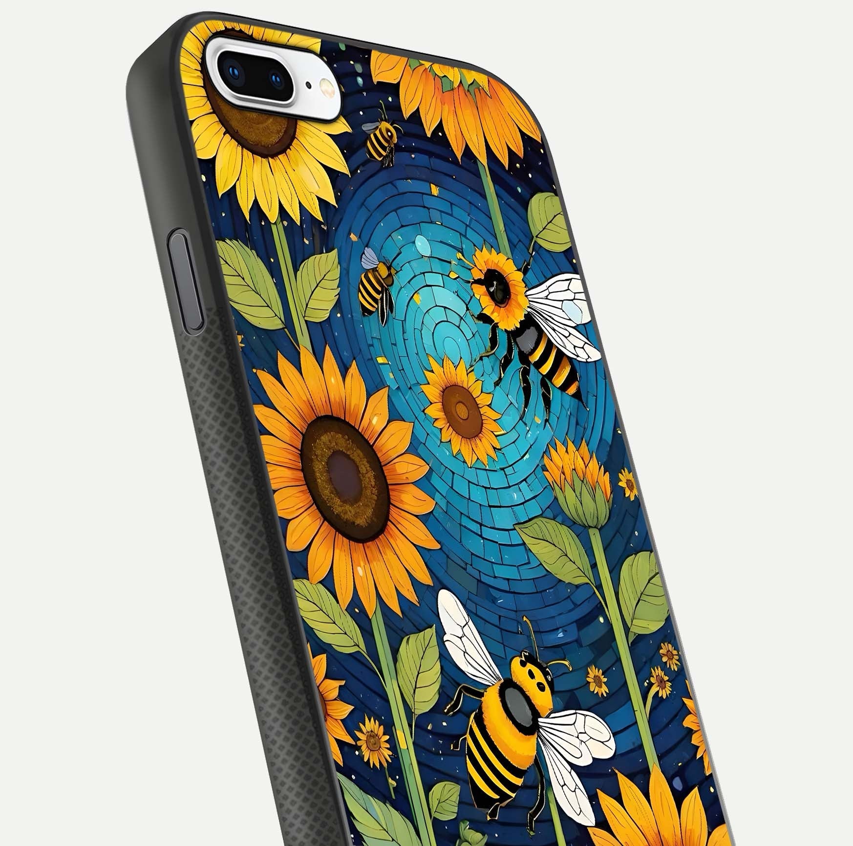 Bees & Sunflowers Glass Case for iPhone 16 Pro close-up angled shot showing detailed petals, bee prints, and glass reflection