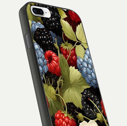 Berry Bloom Charm Glass Case for iPhone 8 Plus close-up view highlighting berry color tones and fine petal detailing