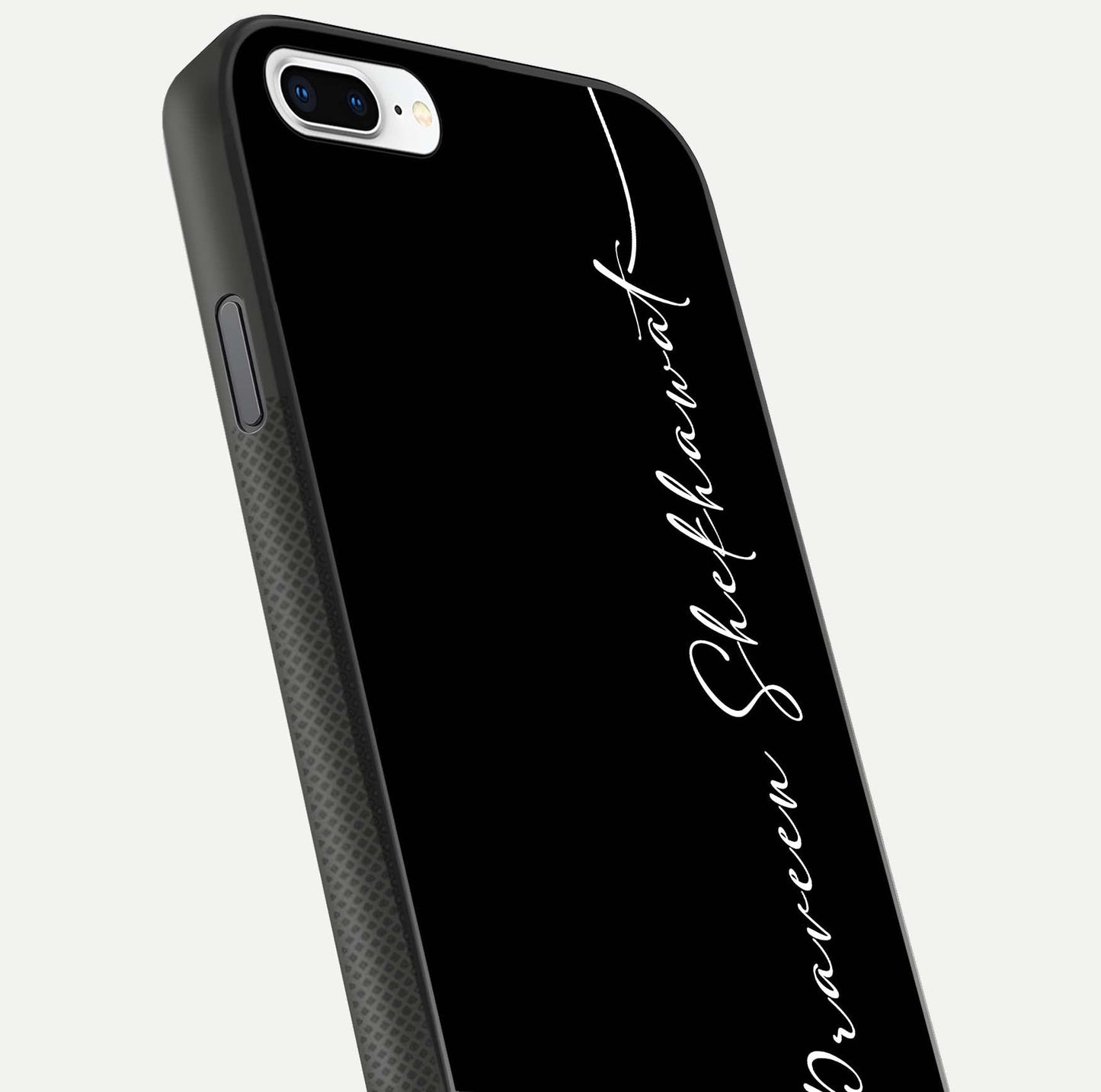Black Tune Custom Name Glass Case for iPhone 8 Plus close-up shot highlighting sleek monochrome design and reflection