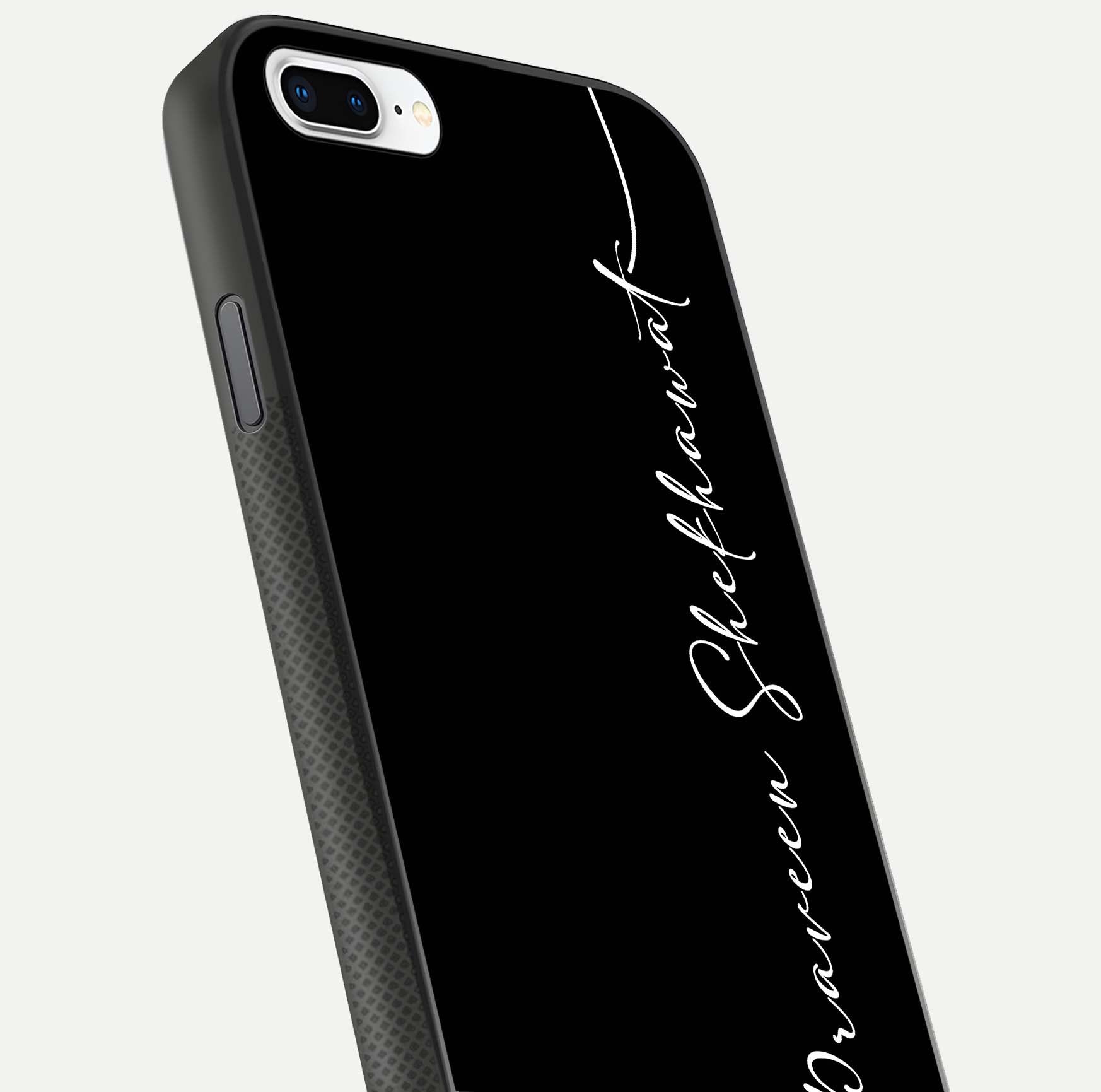 Black Tune Custom Name Glass Case for iPhone 8 Plus close-up shot highlighting sleek monochrome design and reflection