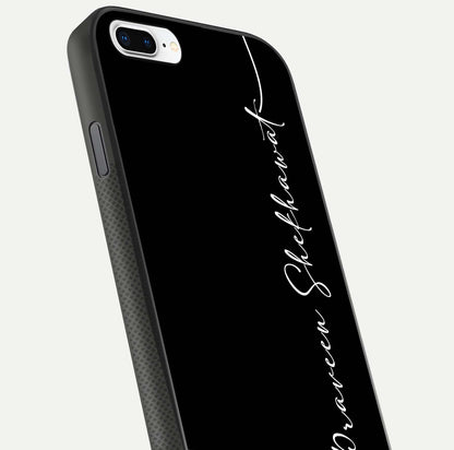 Black Tune Custom Name Glass Case for iPhone 8 Plus close-up shot highlighting sleek monochrome design and reflection