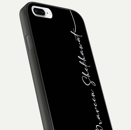 Black Tune Custom Name Glass Case for iPhone 8 Plus close-up shot highlighting sleek monochrome design and reflection