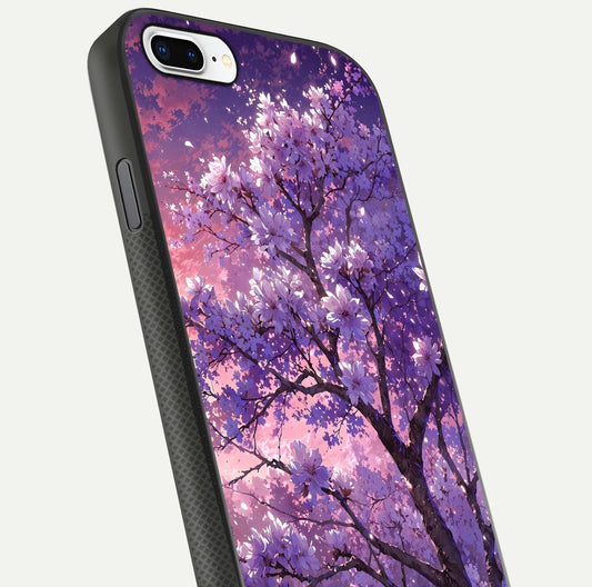 Blossom Tree Glass Case for iPhone 8 Plus close-up image highlighting tree branches, blossoms, and shine