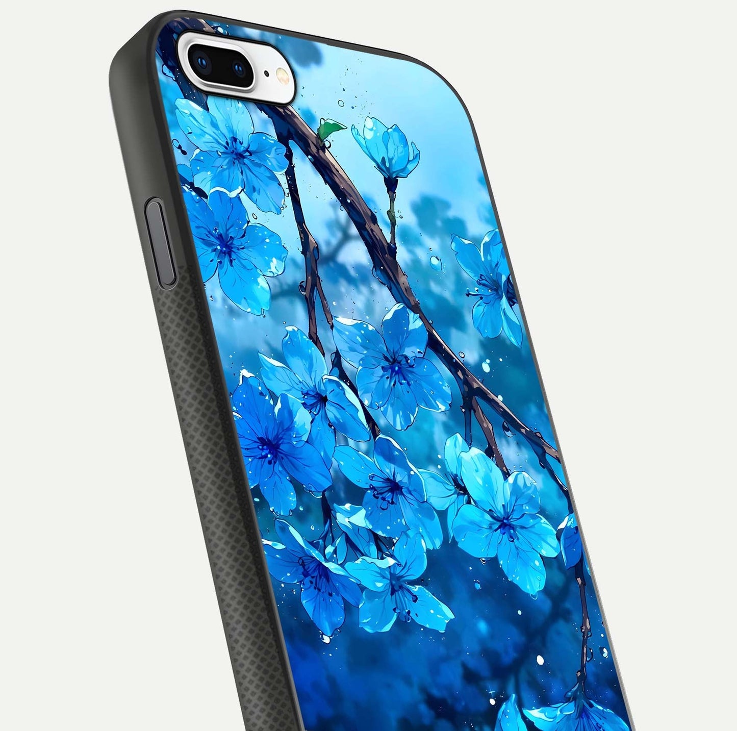 Blue Blossoms Branch Glass Case for iPhone 16 Pro close-up angle highlighting petal details and reflection gloss