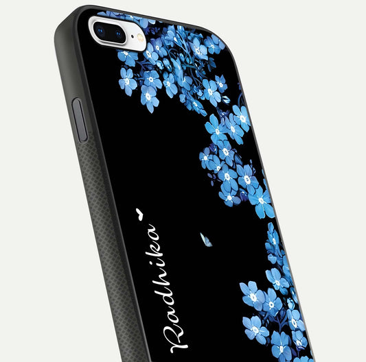 Blue Petal Dream Custom Name Glass Case for iPhone 8 Plus close-up highlighting petal texture and gloss reflection
