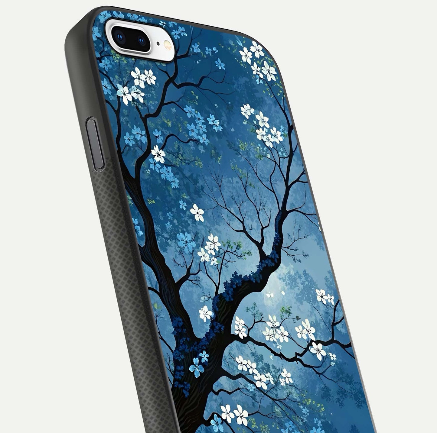 Blue Tree Serenity Glass Case for iPhone 8 Plus close-up view highlighting tree branches and reflection gloss