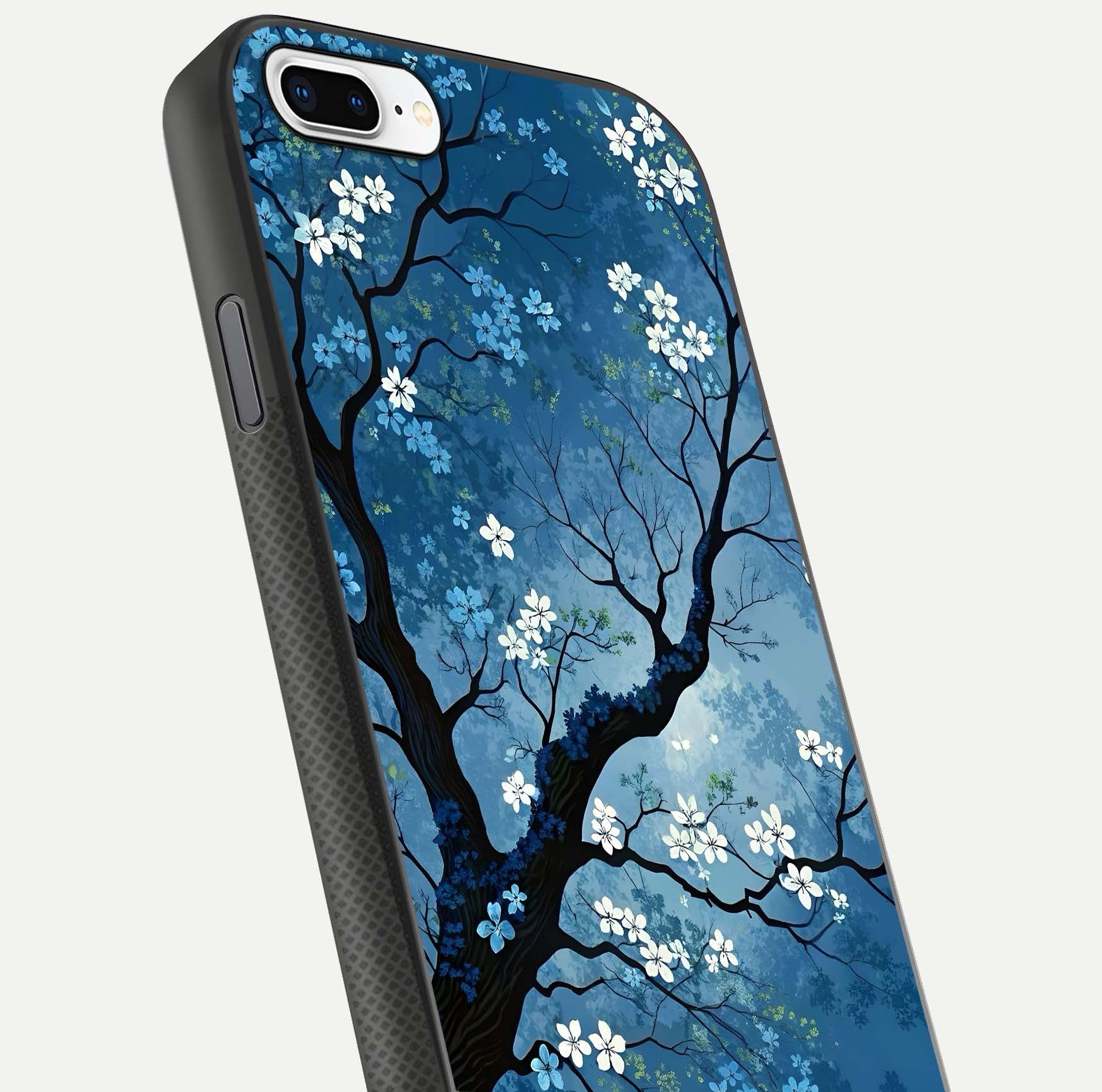 Blue Tree Serenity Glass Case for iPhone 8 Plus close-up view highlighting tree branches and reflection gloss