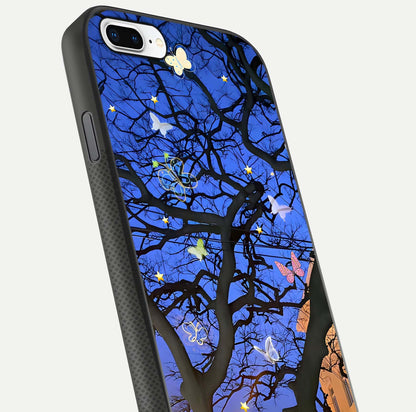 Butterfly Night Magic Glass Case for iPhone 8 Plus close-up highlighting wings reflection and gloss shimmer