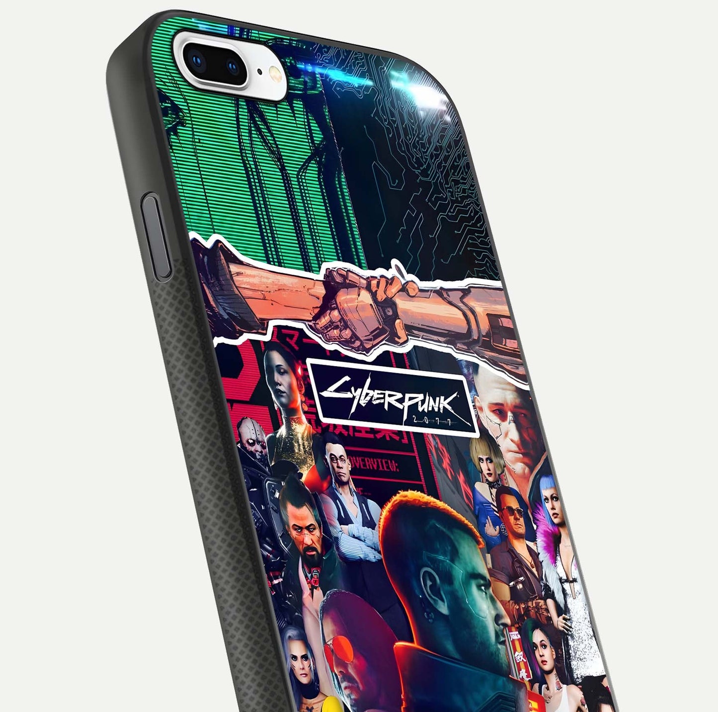 CYBERPUNK Legacy Glass Case for iPhone 8 Plus close-up highlighting circuit texture and reflection tone