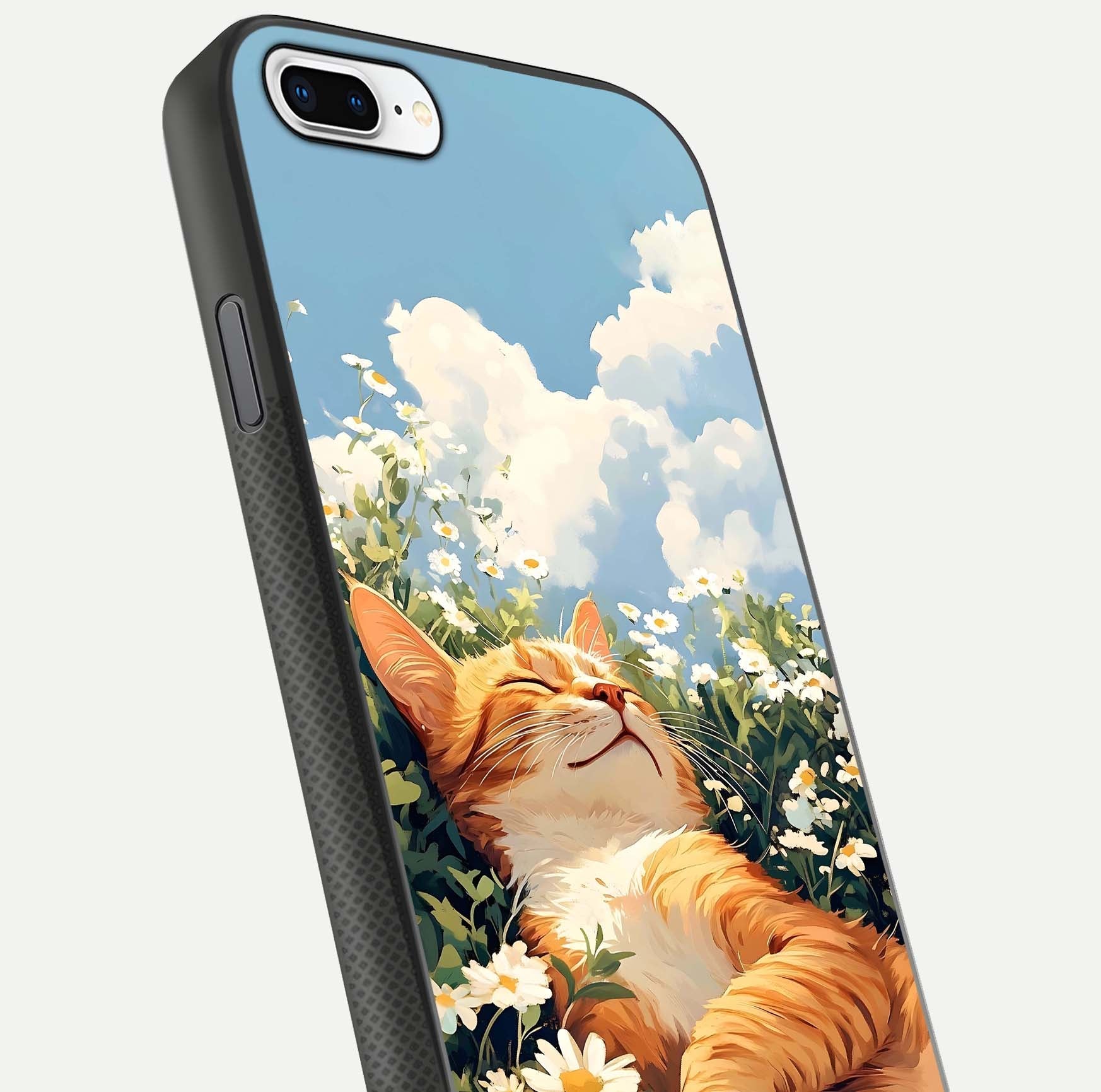 Cat & Flowers View Glass Case for iPhone 8 Plus close-up view highlighting cat expression and petal detail