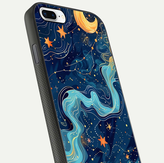 Celestial Dream Flow Glass Case for iPhone 8 Plus close-up highlighting star reflections and smooth glow gradient