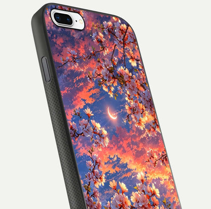Celestial Sakura Sunset Glass Case for iPhone 8 Plus close-up image highlighting blossom petals and gloss shine
