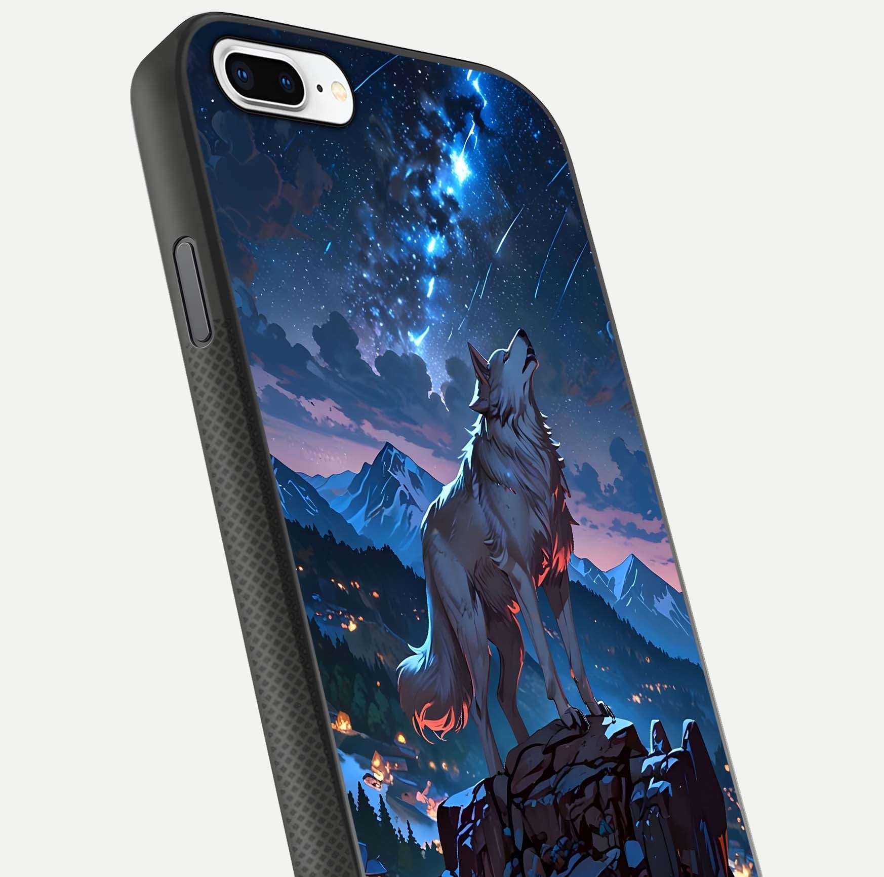 Celestial Wolf Howl Glass Case for iPhone 8 Plus close-up showing wolf silhouette and glowing moon reflection