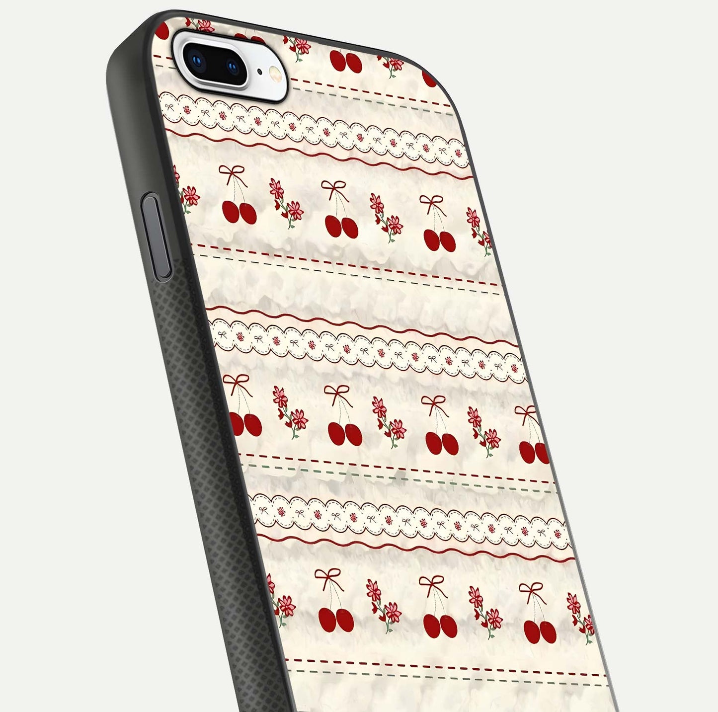 Cherry Bloom Charm Glass Case for iPhone 8 Plus close-up showing pink petals and reflection detail