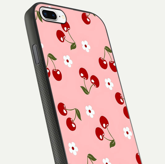 Cherry Love Mood Glass Case for iPhone 8 Plus close-up highlighting cherry heart pattern and reflection shine