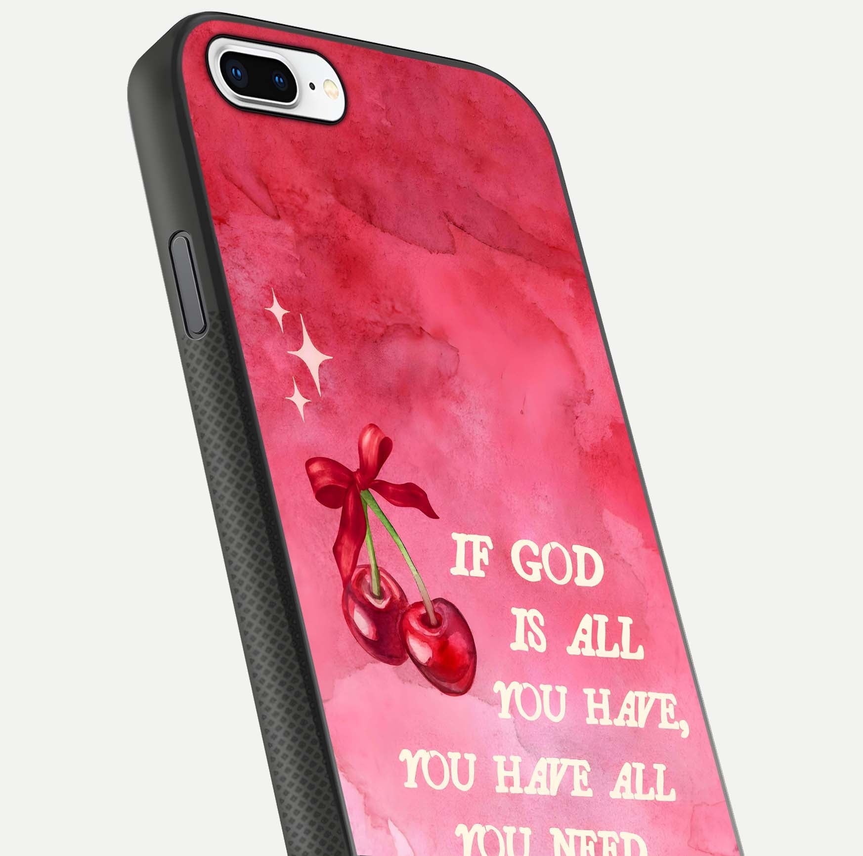 Cherry Quote Glass Case for iPhone 8 Plus close-up showing printed quote detail and HD reflection gloss