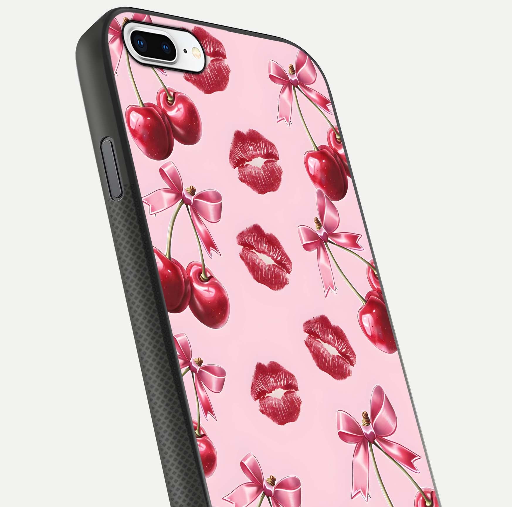 Cherry With Lips Glass Case for iPhone 8 Plus close-up view highlighting lips texture and reflection shine