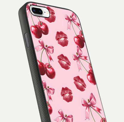 Cherry With Lips Glass Case for iPhone 8 Plus close-up view highlighting lips texture and reflection shine