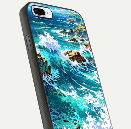 Coastal Blue Waves Glass Case for iPhone 8 Plus close-up highlighting wave texture and blue shine