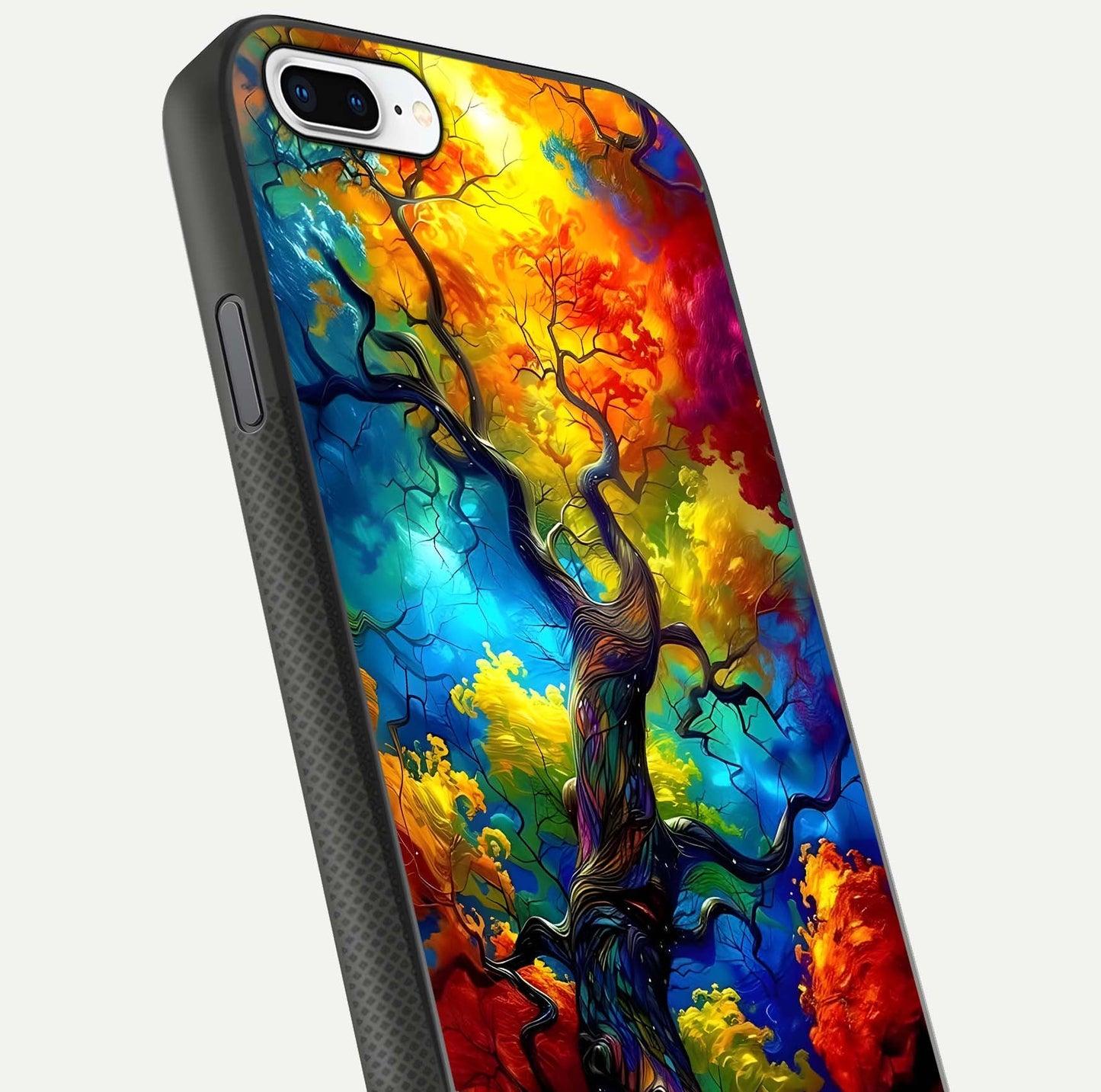Colorful Tree Glass Case for iPhone 8 Plus close-up highlighting leaf detail, gradient colors, and shine