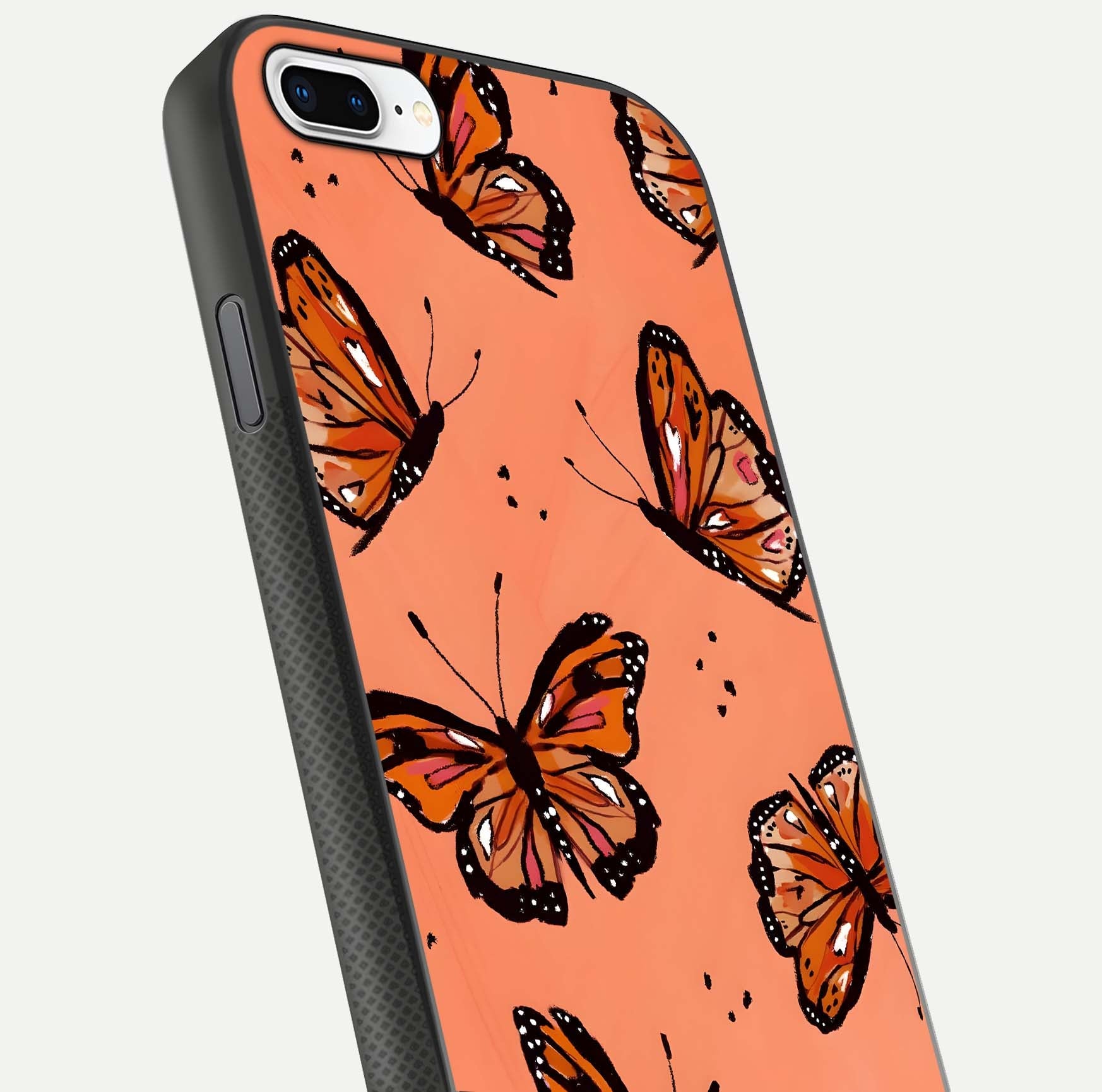 Coral Wing Butterfly Glass Case for iPhone 8 Plus close-up highlighting wing pattern, coral tones, and reflection shine
