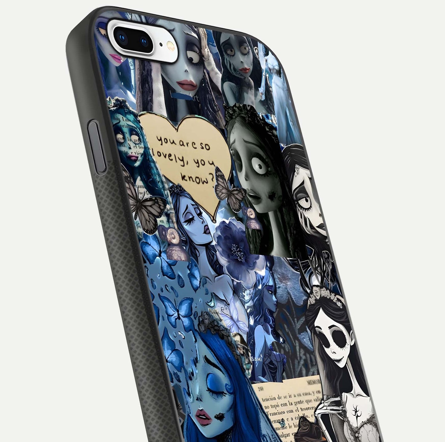 Corpse Bride Posters Glass Case for iPhone 8 Plus close-up highlighting detailed artwork and reflection polish