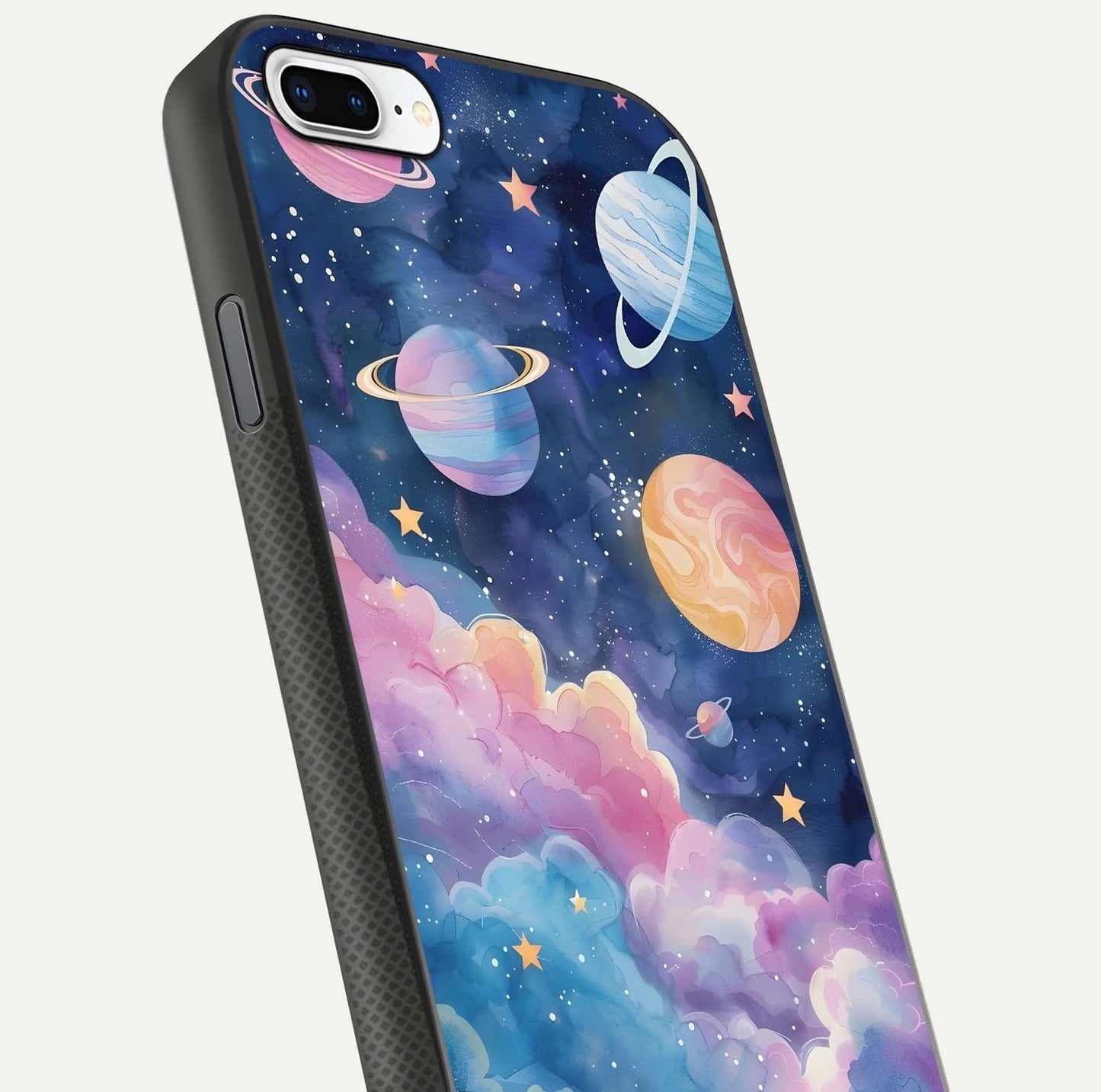Cosmic Planet Dreams Glass Case for iPhone 8 Plus close-up highlighting planetary details and reflection glow