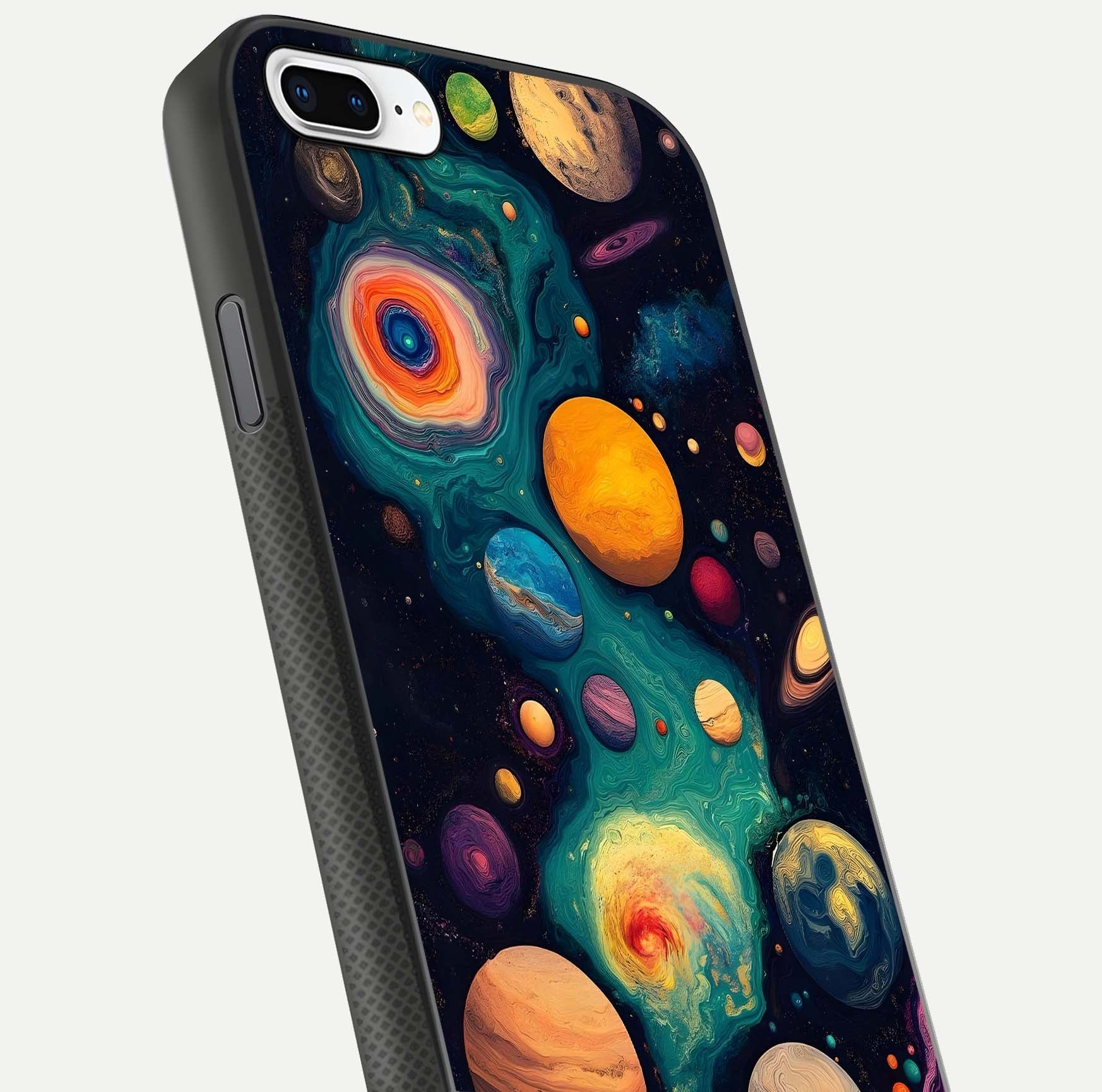 Cosmic Planet Journey Glass Case for iPhone 8 Plus close-up highlighting planets, stars, and shine reflection