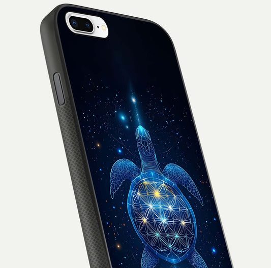 Crimson Blue Turtle Glass Case for iPhone 8 Plus close-up highlighting turtle shell detail and shine reflection