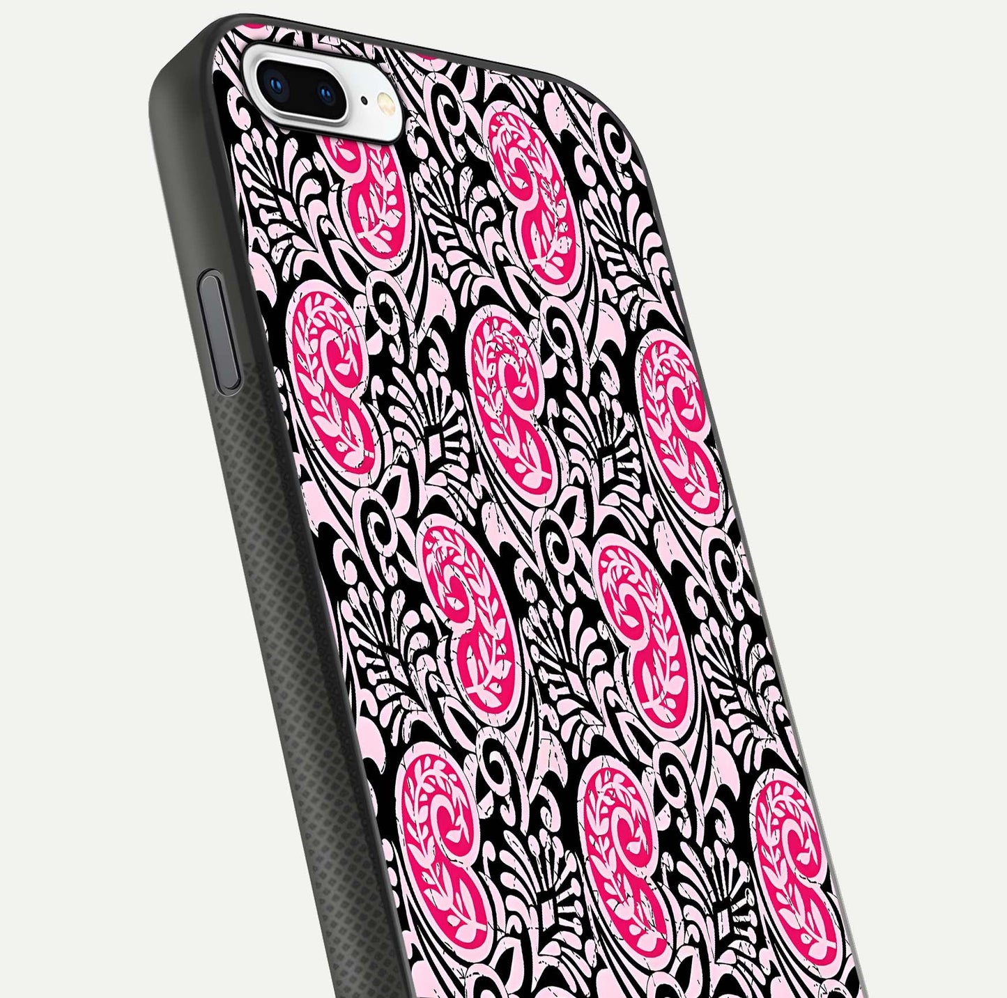 Crimson Paisley Charm Glass Case for iPhone 8 Plus close-up highlighting fine pattern detail and reflection tone