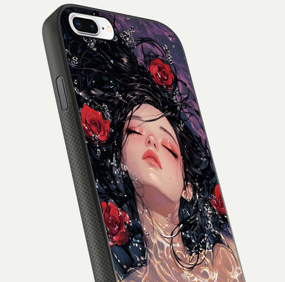 Crimson Rose Serenity Glass Case for iPhone 8 Plus close-up highlighting rose gradient and reflection detail