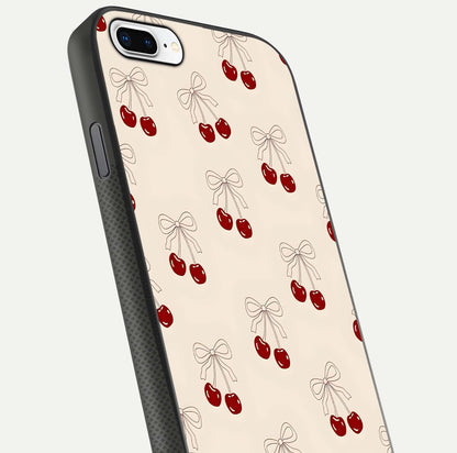Cute Cherry Pattern Glass Case for iPhone 8 Plus close-up showing cherry cluster details and light reflection