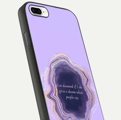 Damned People Quote Glass Case for iPhone 8 Plus close-up highlighting quote text and reflection depth
