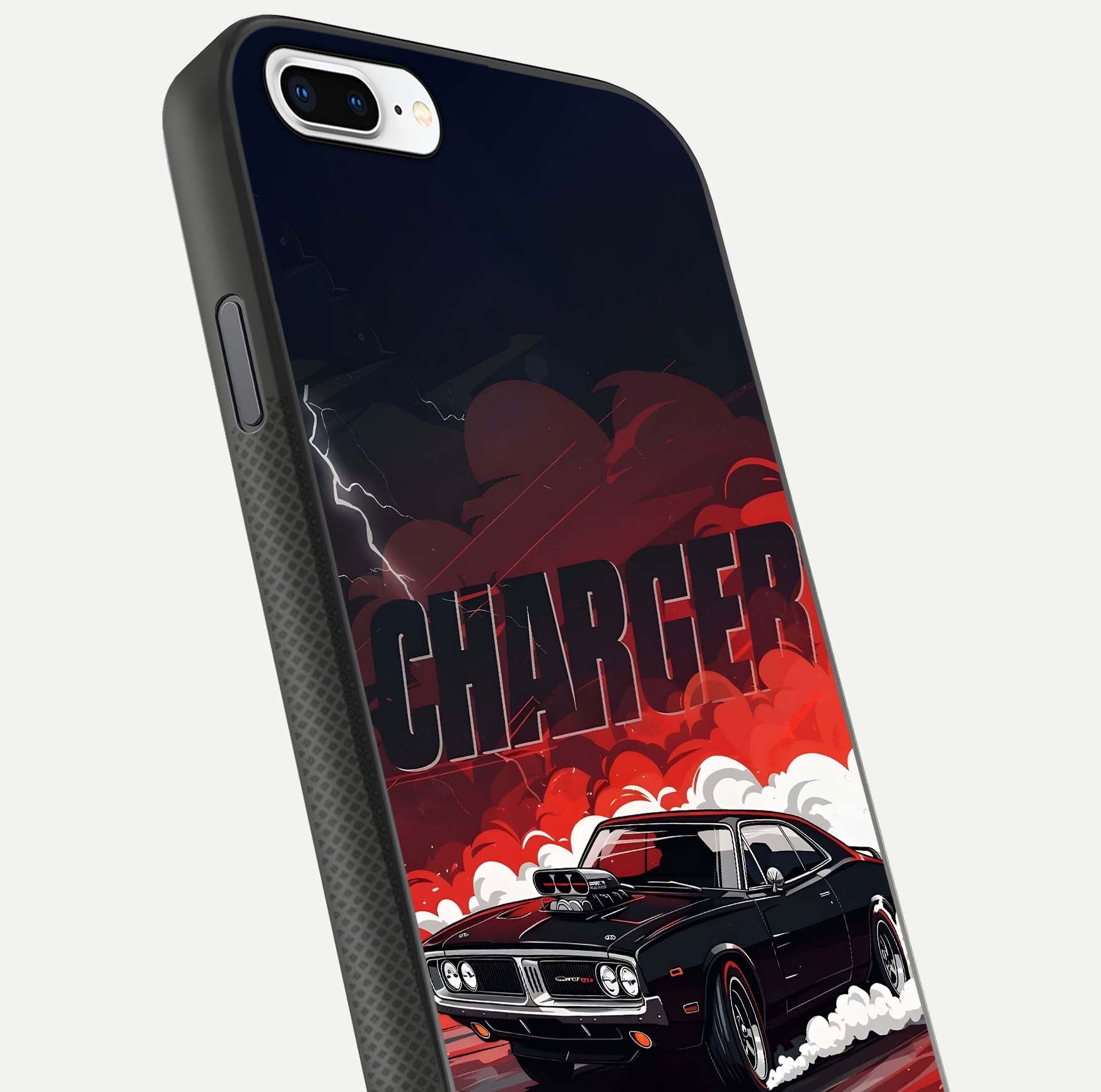 Dark Charger Fury Glass Case for iPhone 8 Plus close-up highlighting car reflection and light gloss