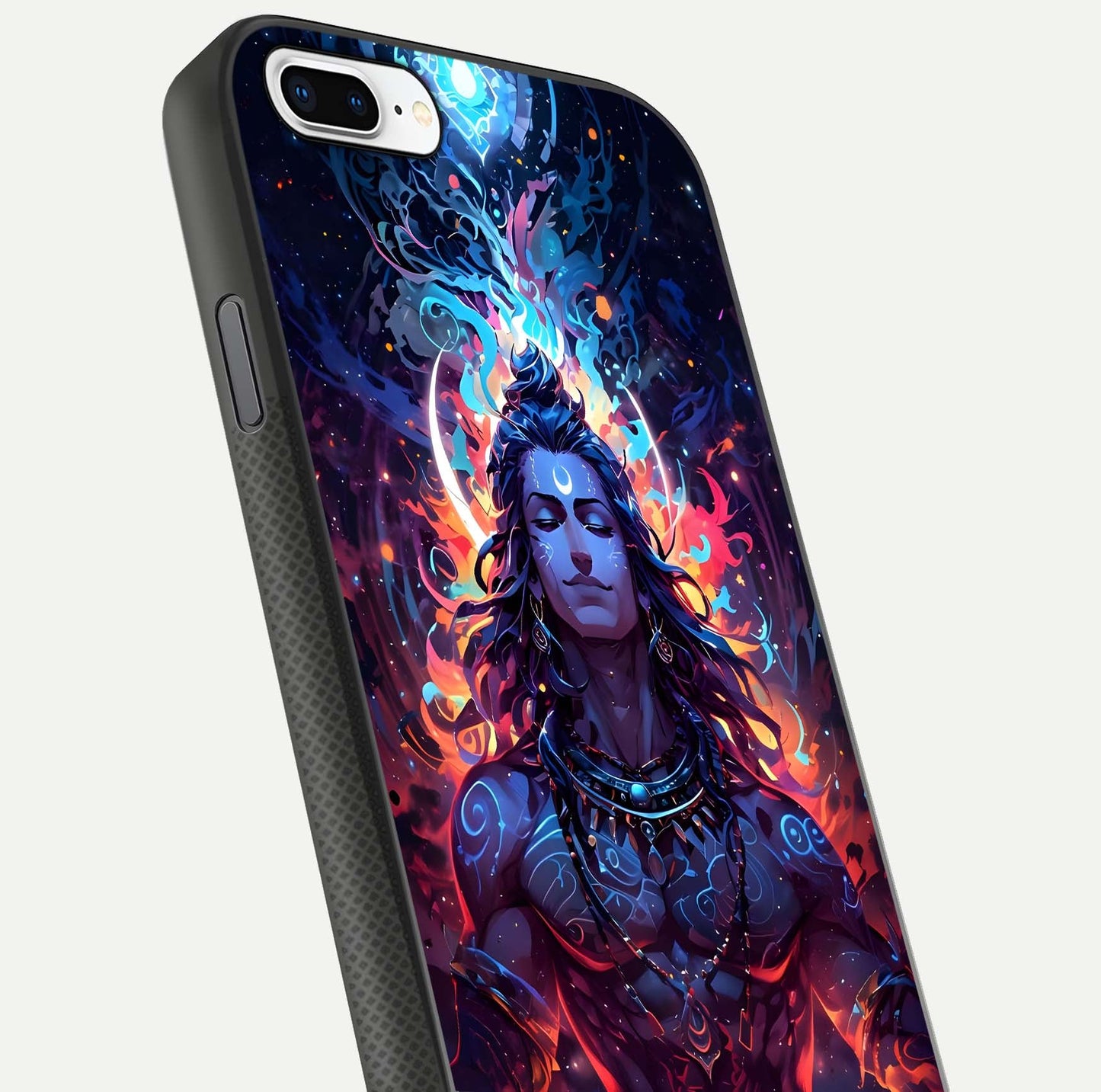Divine Fire Shiv Glass Case for iPhone 8 Plus close-up highlighting divine detailing and reflection depth