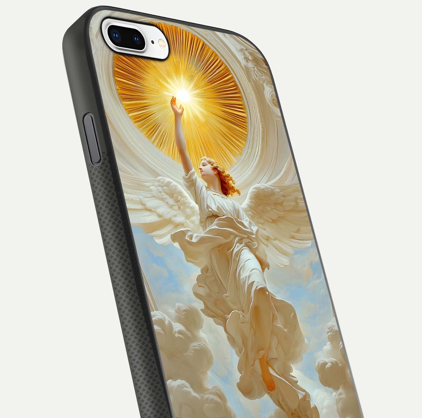 Divine Light Angel Glass Case for iPhone 8 Plus close-up highlighting light rays and glass reflection