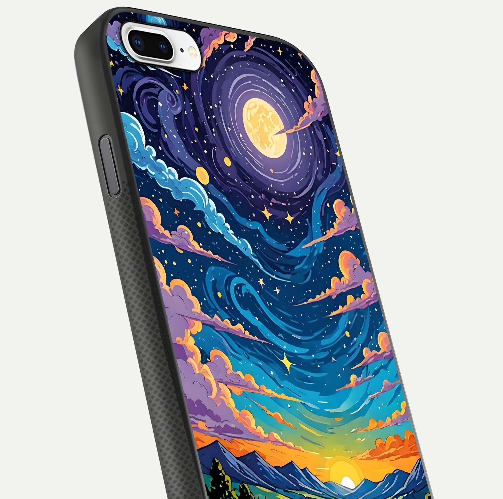 Dreamy Night Landscape Glass Case for iPhone 8 Plus close-up highlighting stars and reflection tone
