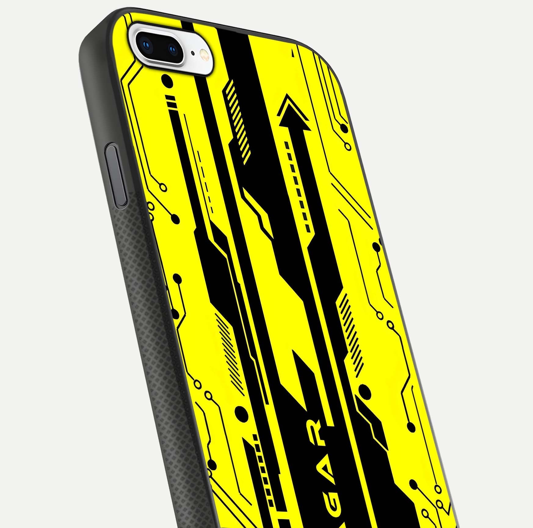 Electric Pulse CYBERPUNK Custom Name Glass Case for iPhone 8 Plus close-up highlighting tech pattern, lighting effect, and reflection shine