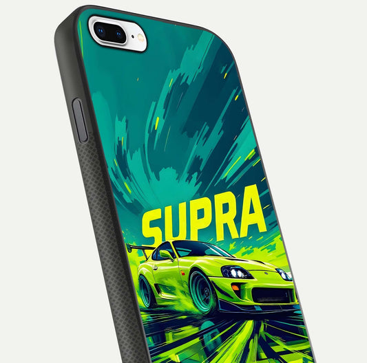 Electric Supra Thunder Glass Case for iPhone 8 Plus close-up highlighting car reflection, neon tones, and gloss polish